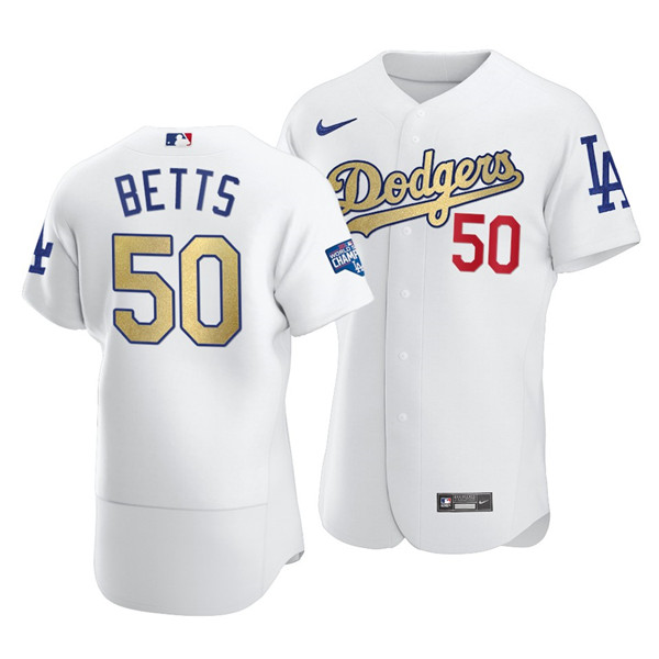 Men's Los Angeles Dodgers #50 Mookie Betts White Gold 2021 World Series Champions Patch Sttiched MLB Jersey